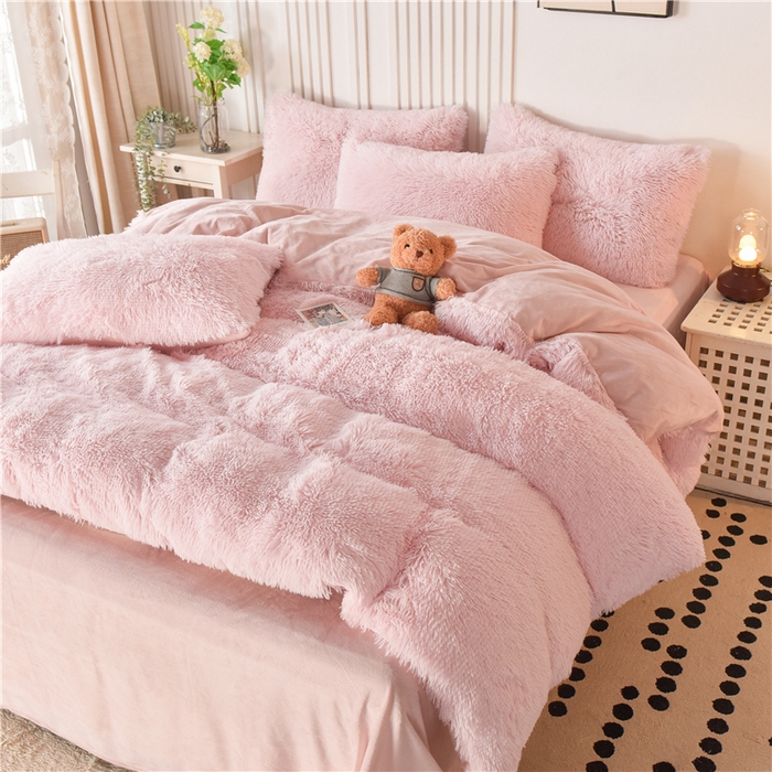 91家纺网 家纺一手货源 找家纺 鑫喜莱 2024新款长毛绒四件套 典雅粉