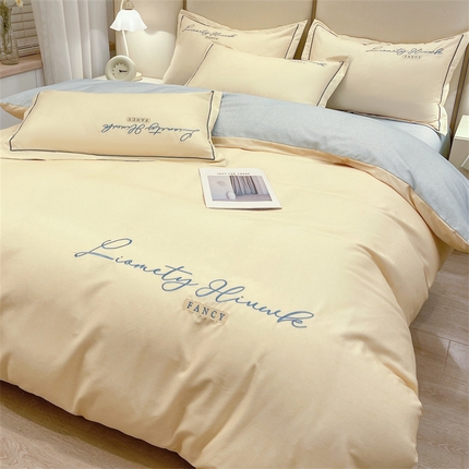 91家纺网 家纺一手货源 找家纺 （总）菲梵 2025新款纯色双拼全棉加厚磨毛刺绣款-四件套（提供买家秀）