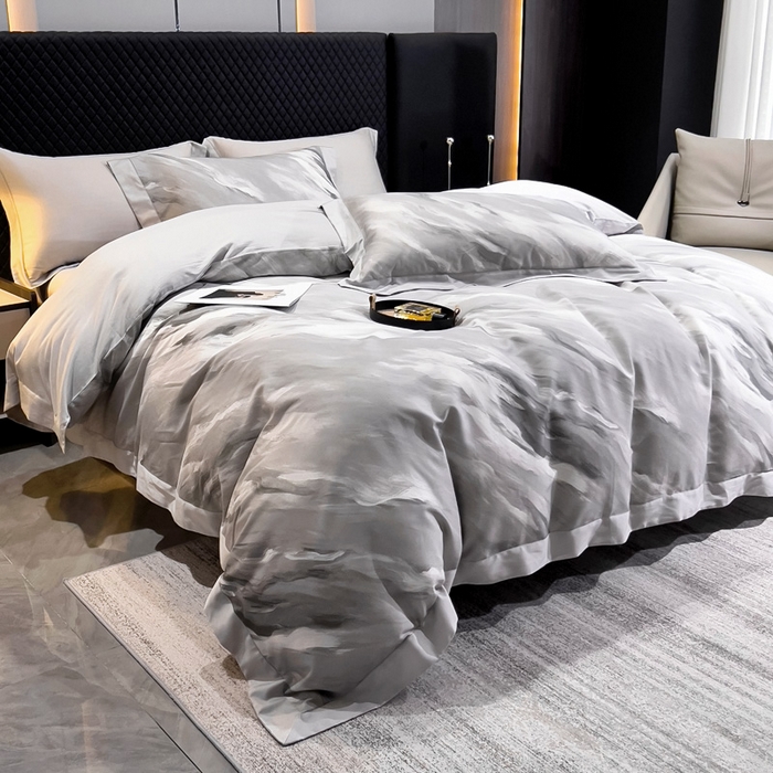 91家纺网 家纺一手货源 找家纺 氧家 2024新款数码印花天丝磨毛艾阳绒四件套 云汉灰