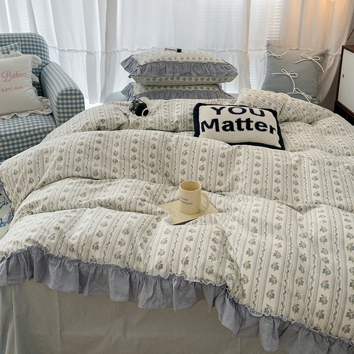 91家纺网 家纺一手货源 找家纺 昔可家纺 2024新款双层纱贴边全棉四件套 蓝茵篱珞