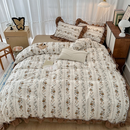 昔可家纺 2024新款双层纱贴边全棉四件套 复古咖玫瑰