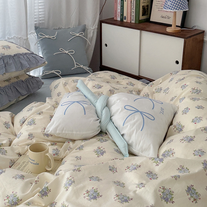 91家纺网 家纺一手货源 找家纺 昔可家纺 2024新款双层纱贴边全棉四件套 鸢尾蓝黛