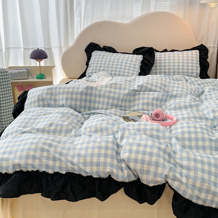 91家纺网 家纺一手货源 找家纺 昔可家纺 2024黑色贴边花边款格子系列四件套 缪缪蓝格