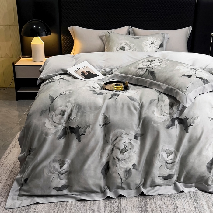 91家纺网 家纺一手货源 找家纺 氧家 2024新款数码印花天丝磨毛艾阳绒四件套 瑶芳灰