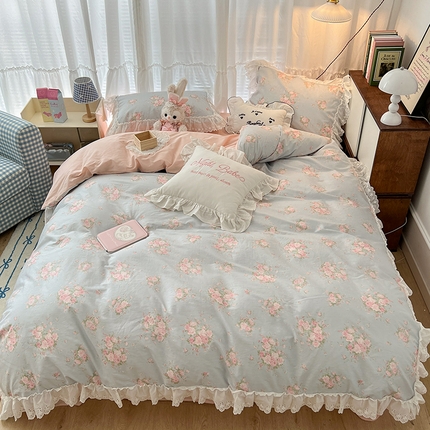 昔可家纺 2024新款仙仙蕾丝贴边全棉花边款四件套 粉樱花蕾