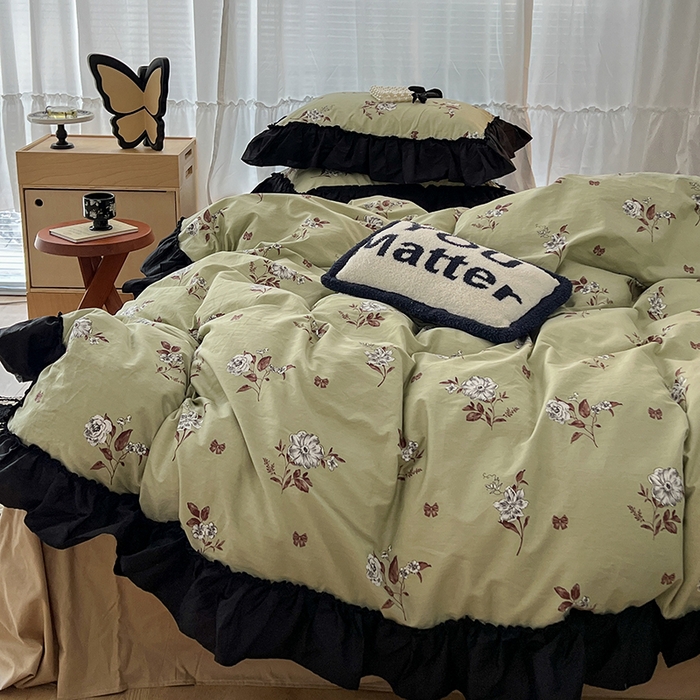 91家纺网 家纺一手货源 找家纺 昔可家纺 2024黑色贴边花边全棉款四件套 海瑟薇