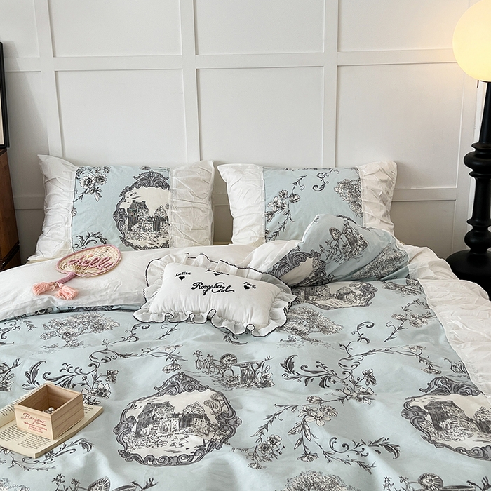 91家纺网 家纺一手货源 找家纺 昔可家纺 2024新款韩版花边工艺款四件套 复古城堡