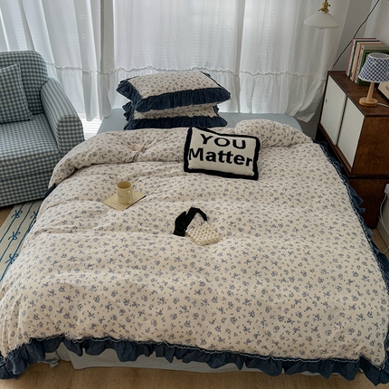 昔可家纺 2024新款双层纱贴边全棉四件套 复古小蓝花