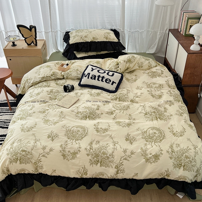 91家纺网 家纺一手货源 找家纺 昔可家纺 2024黑色贴边花边全棉款四件套 复古法式庄园