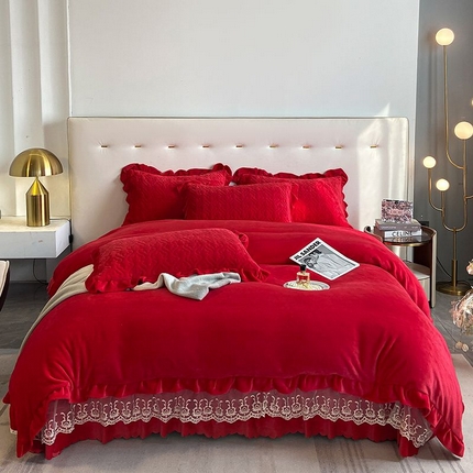 91家纺网 家纺一手货源 找家纺 （总）畅畅家纺 2024新款冬季韩版花边蕾丝牛奶绒床盖四件套