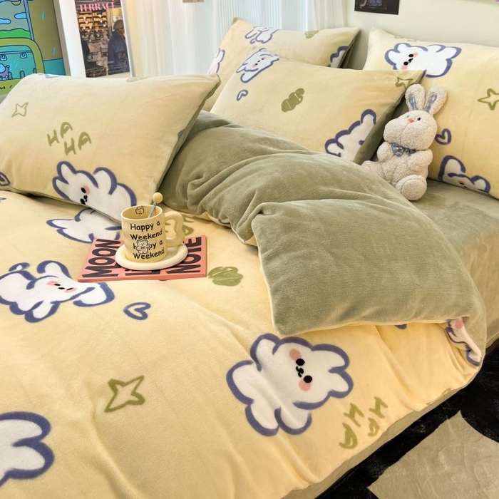 91家纺网 家纺一手货源 找家纺 2024新款原创小清新牛奶绒印花四件套 兔宝宝