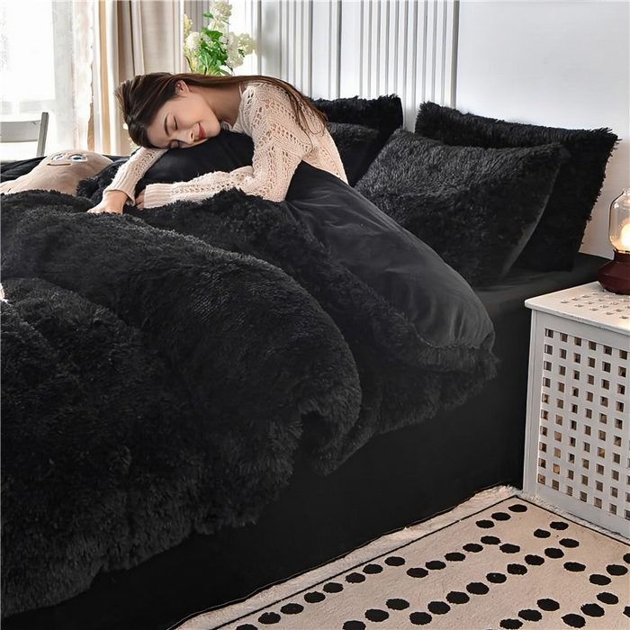 91家纺网 家纺一手货源 找家纺 鑫喜莱 2024新款长毛绒四件套 黑色