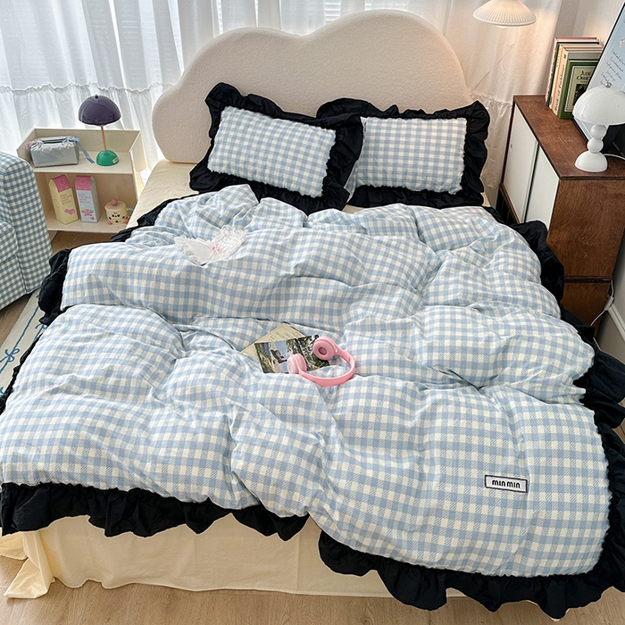 91家纺网 家纺一手货源 找家纺 昔可家纺 2024黑色贴边花边款格子系列四件套 缪缪蓝格