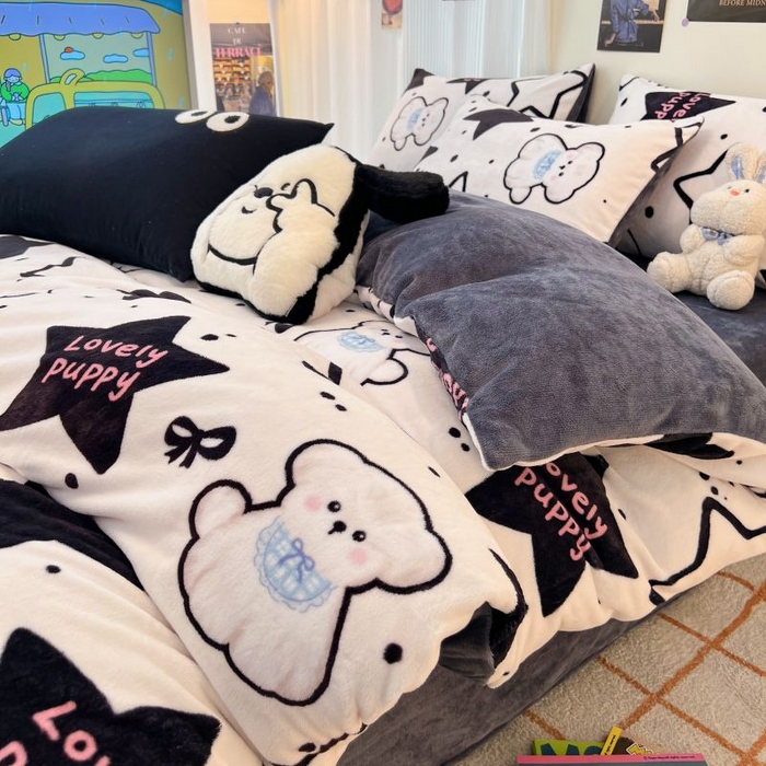 91家纺网 家纺一手货源 找家纺 2024新款原创小清新牛奶绒印花四件套 幸运狗