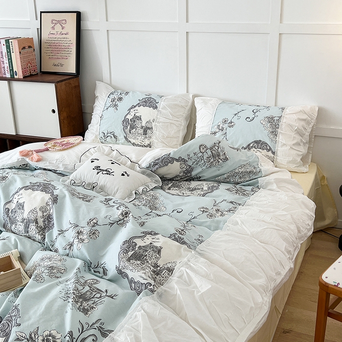 91家纺网 家纺一手货源 找家纺 昔可家纺 2024新款韩版花边工艺款四件套 复古城堡