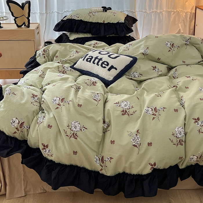 91家纺网 家纺一手货源 找家纺 昔可家纺 2024黑色贴边花边全棉款四件套 海瑟薇