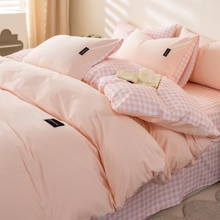 卧趣家纺 2024秋冬新品全棉磨毛贴标款四件套简约无印风系列风格一 简兮-粉