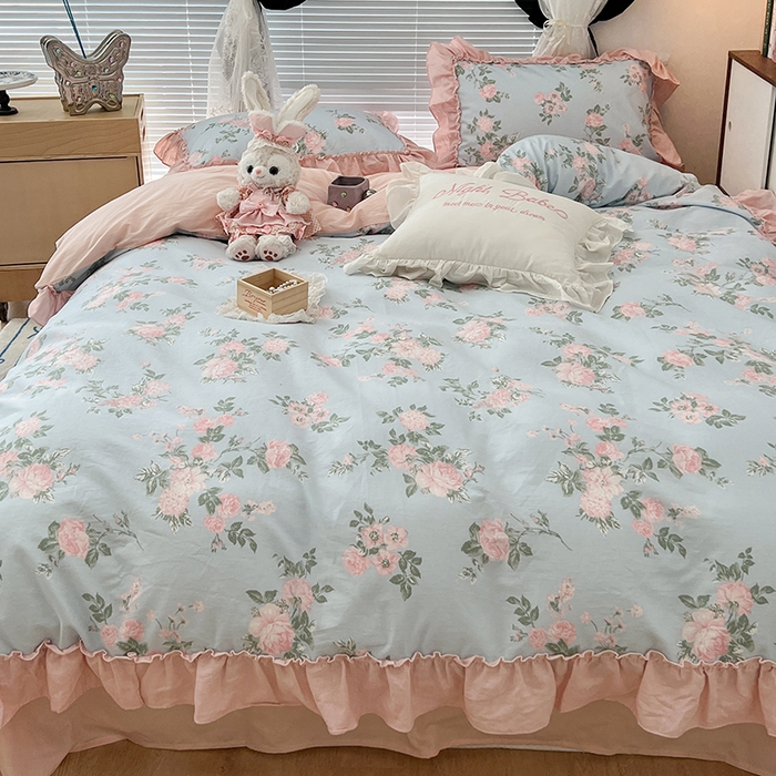 91家纺网 家纺一手货源 找家纺 昔可家纺 2024新款双层纱贴边全棉四件套 西曼蔷薇