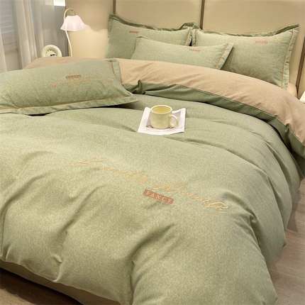 91家纺网 家纺一手货源 找家纺 （总）菲梵 2025新款纯色双拼全棉加厚磨毛刺绣款-四件套（提供买家秀）