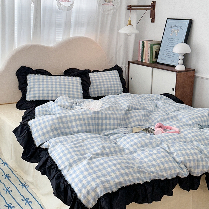 91家纺网 家纺一手货源 找家纺 昔可家纺 2024黑色贴边花边款格子系列四件套 缪缪蓝格