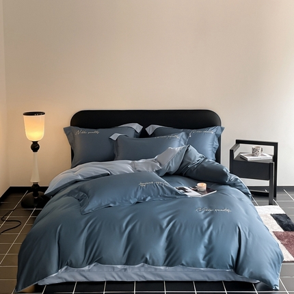 91家纺网 家纺一手货源 找家纺 （总）由丽家纺 2025新款贡缎纯色刺绣双拼隐形双面用四件套