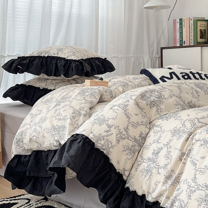 91家纺网 家纺一手货源 找家纺 昔可家纺 2024黑色贴边花边全棉款四件套 香榭假日