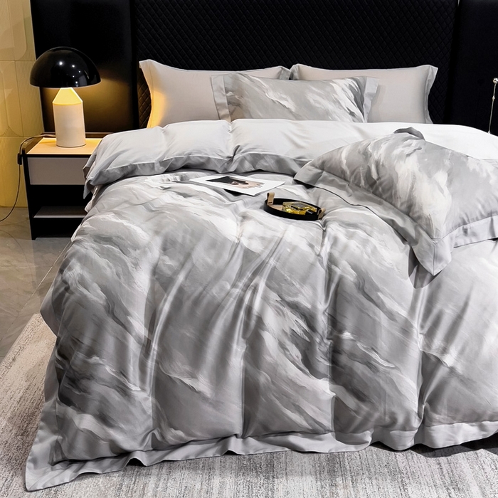 91家纺网 家纺一手货源 找家纺 氧家 2024新款数码印花天丝磨毛艾阳绒四件套 云汉灰