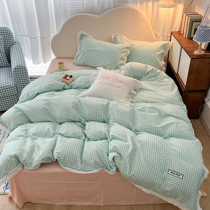 昔可家纺 2024新款m1u系格子蕾丝花边四件套 森系绿格