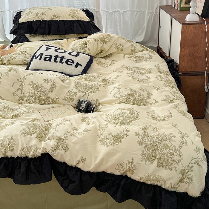 91家纺网 家纺一手货源 找家纺 昔可家纺 2024黑色贴边花边全棉款四件套 复古法式庄园