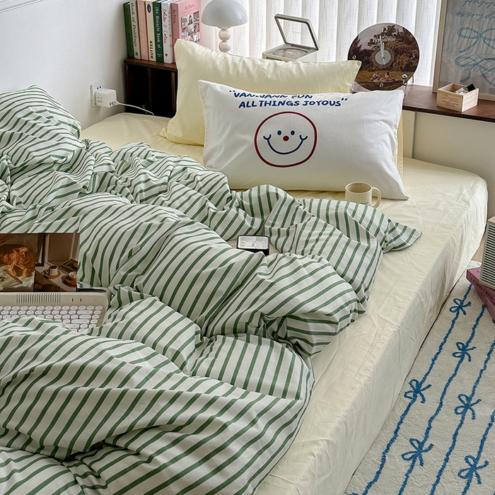 91家纺网 家纺一手货源 找家纺 昔可家纺 2024新款竖条全棉四件套大版枕套系列 果绿条纹