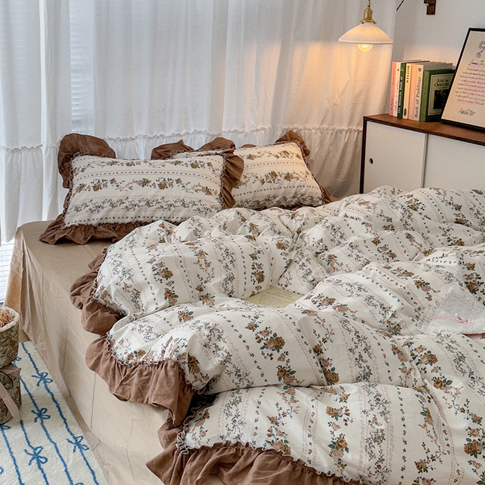 91家纺网 家纺一手货源 找家纺 昔可家纺 2024新款双层纱贴边全棉四件套 复古咖玫瑰