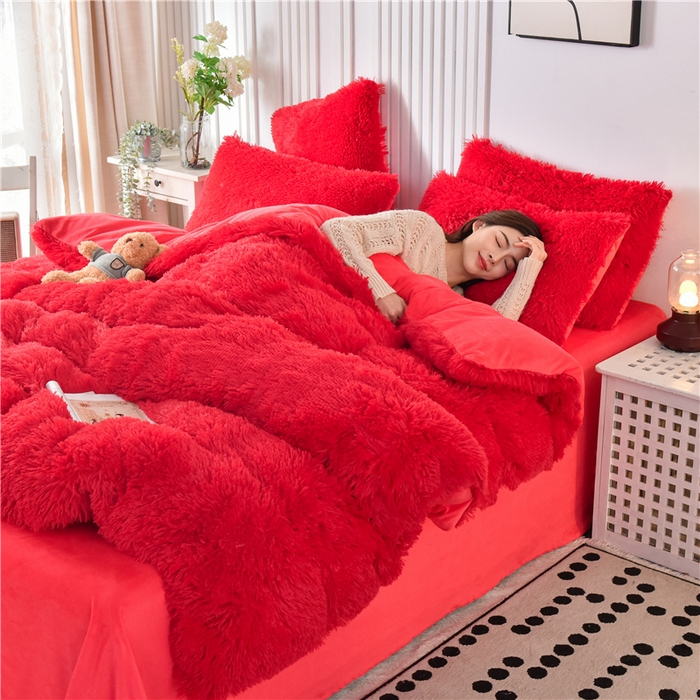 91家纺网 家纺一手货源 找家纺 鑫喜莱 2024新款长毛绒四件套 大红