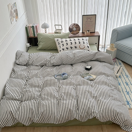 昔可家纺 2024新款竖条全棉四件套大版枕套系列 复古黑条
