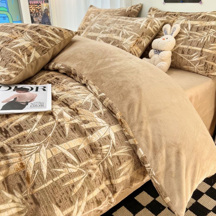 91家纺网 家纺一手货源 找家纺 2024新款原创白色小清新场景雕花牛奶绒单被套四件套 国风竹叶