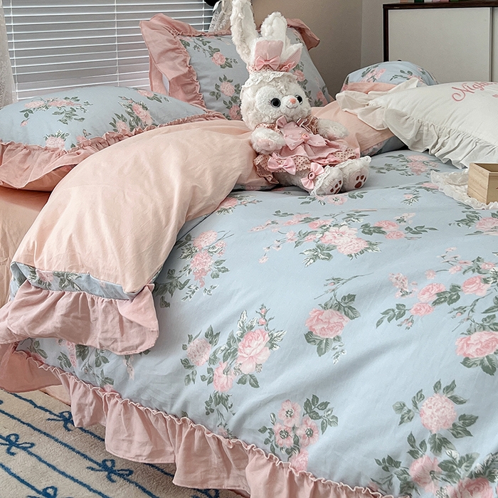 91家纺网 家纺一手货源 找家纺 昔可家纺 2024新款双层纱贴边全棉四件套 西曼蔷薇