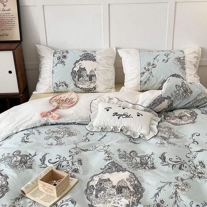 91家纺网 家纺一手货源 找家纺 昔可家纺 2024新款韩版花边工艺款四件套 复古城堡