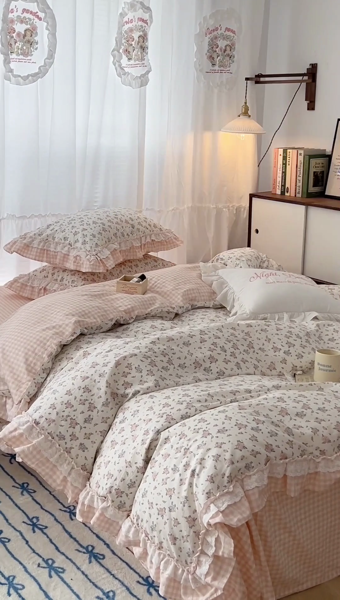 91家纺网 家纺一手货源 找家纺 昔可家纺 2024蕾丝双层花边款全棉四件套 春鹭杏花