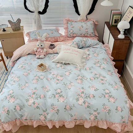 91家纺网 家纺一手货源 找家纺 昔可家纺 2024新款双层纱贴边全棉四件套 西曼蔷薇