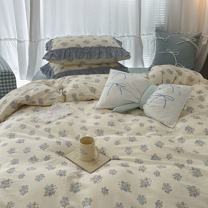 91家纺网 家纺一手货源 找家纺 昔可家纺 2024新款双层纱贴边全棉四件套 鸢尾蓝黛