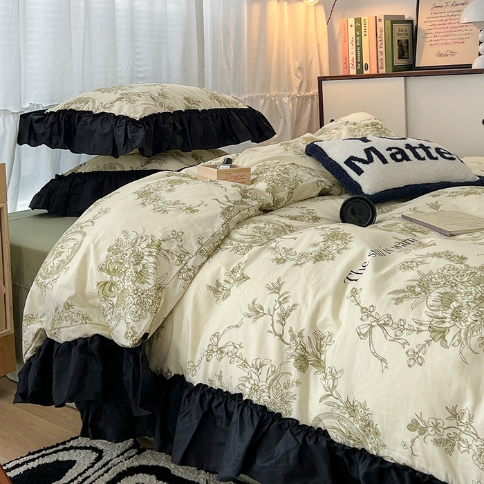 91家纺网 家纺一手货源 找家纺 昔可家纺 2024黑色贴边花边全棉款四件套 复古法式庄园