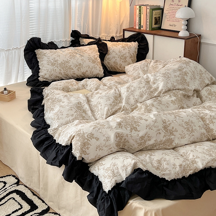 91家纺网 家纺一手货源 找家纺 昔可家纺 2024黑色贴边花边全棉款四件套 南枝树影