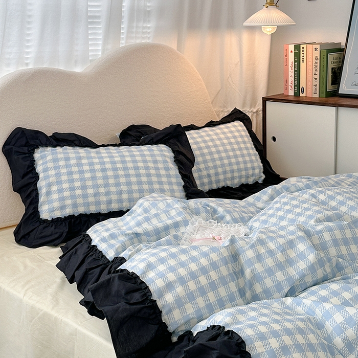 91家纺网 家纺一手货源 找家纺 昔可家纺 2024黑色贴边花边款格子系列四件套 缪缪蓝格