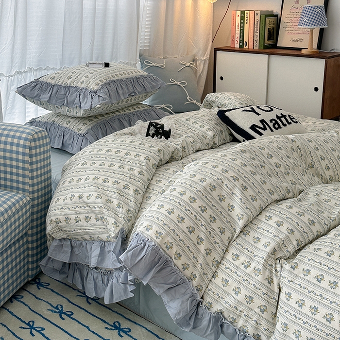 91家纺网 家纺一手货源 找家纺 昔可家纺 2024新款双层纱贴边全棉四件套 蓝茵篱珞