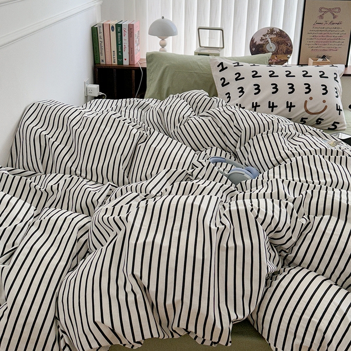 91家纺网 家纺一手货源 找家纺 昔可家纺 2024新款竖条全棉四件套大版枕套系列 复古黑条