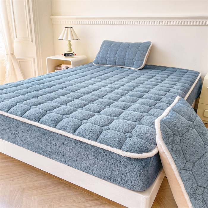 91家纺网 家纺一手货源 找家纺 雯豆家纺 2025加厚保暖泰迪绒夹棉床笠北极绒床笠床垫保护套 泰迪绒夹棉床笠-海因蓝