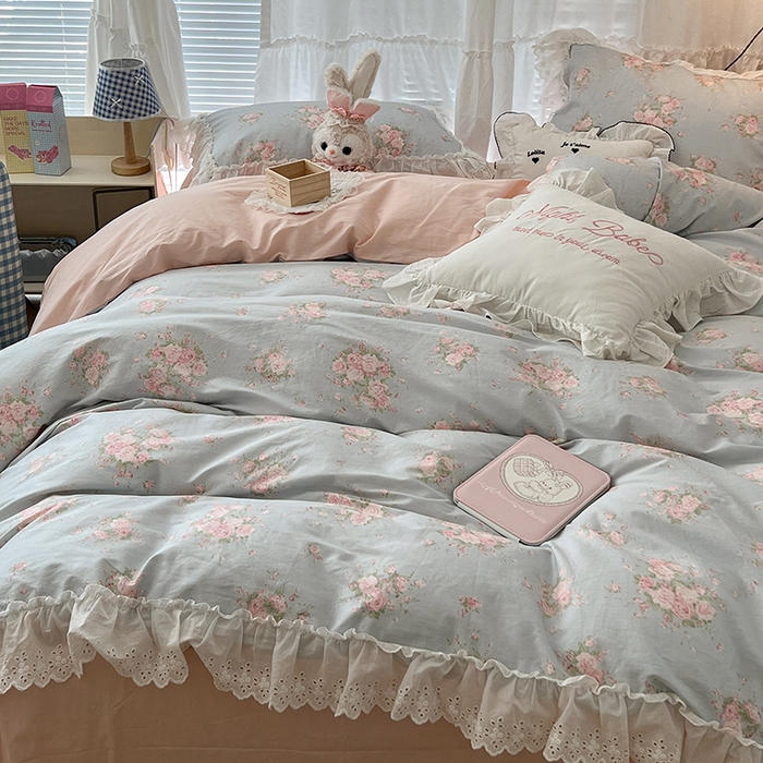 91家纺网 家纺一手货源 找家纺 昔可家纺 2024新款仙仙蕾丝贴边全棉花边款四件套 粉樱花蕾