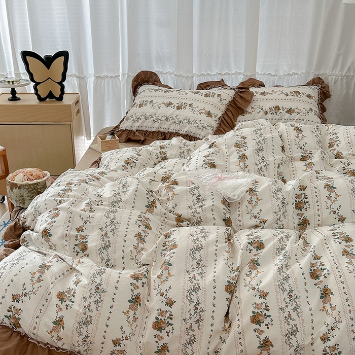 91家纺网 家纺一手货源 找家纺 昔可家纺 2024新款双层纱贴边全棉四件套 复古咖玫瑰