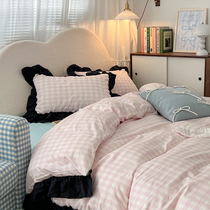 91家纺网 家纺一手货源 找家纺 （总）昔可家纺 2024黑色贴边花边款格子系列四件套