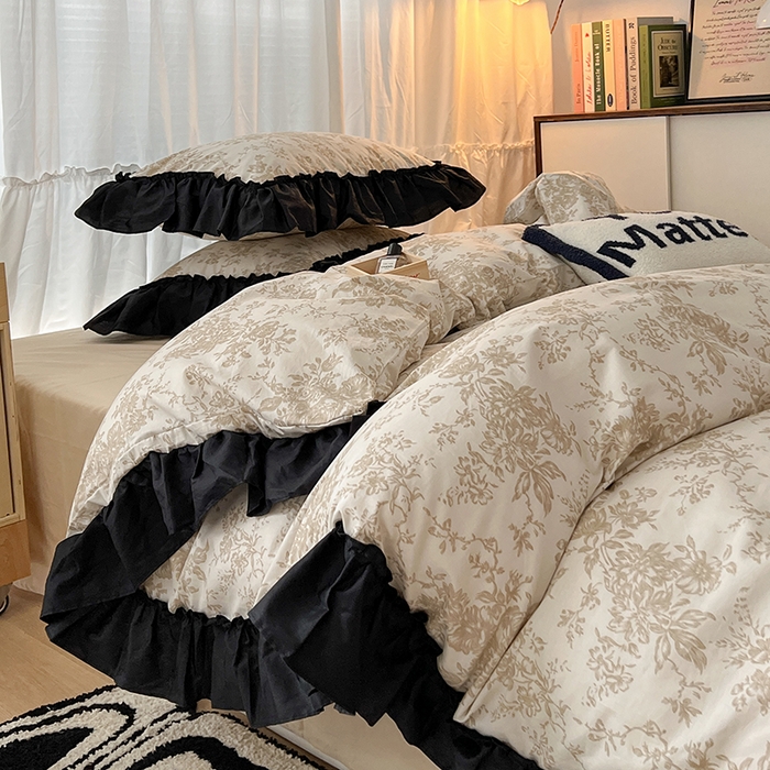 91家纺网 家纺一手货源 找家纺 （总）昔可家纺 2024黑色贴边花边全棉款四件套