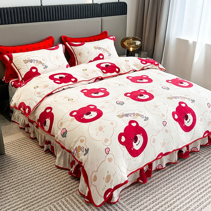 91家纺网 家纺一手货源 找家纺 欧喜璐 2024年新款 8.5-9.5斤加厚牛奶绒金貂绒法莱绒四件套单被套 快乐熊